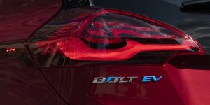 Close view of the taillight of a red 2021 Chevrolet Bolt EV. | Chevrolet dealer in St. Louis, MO